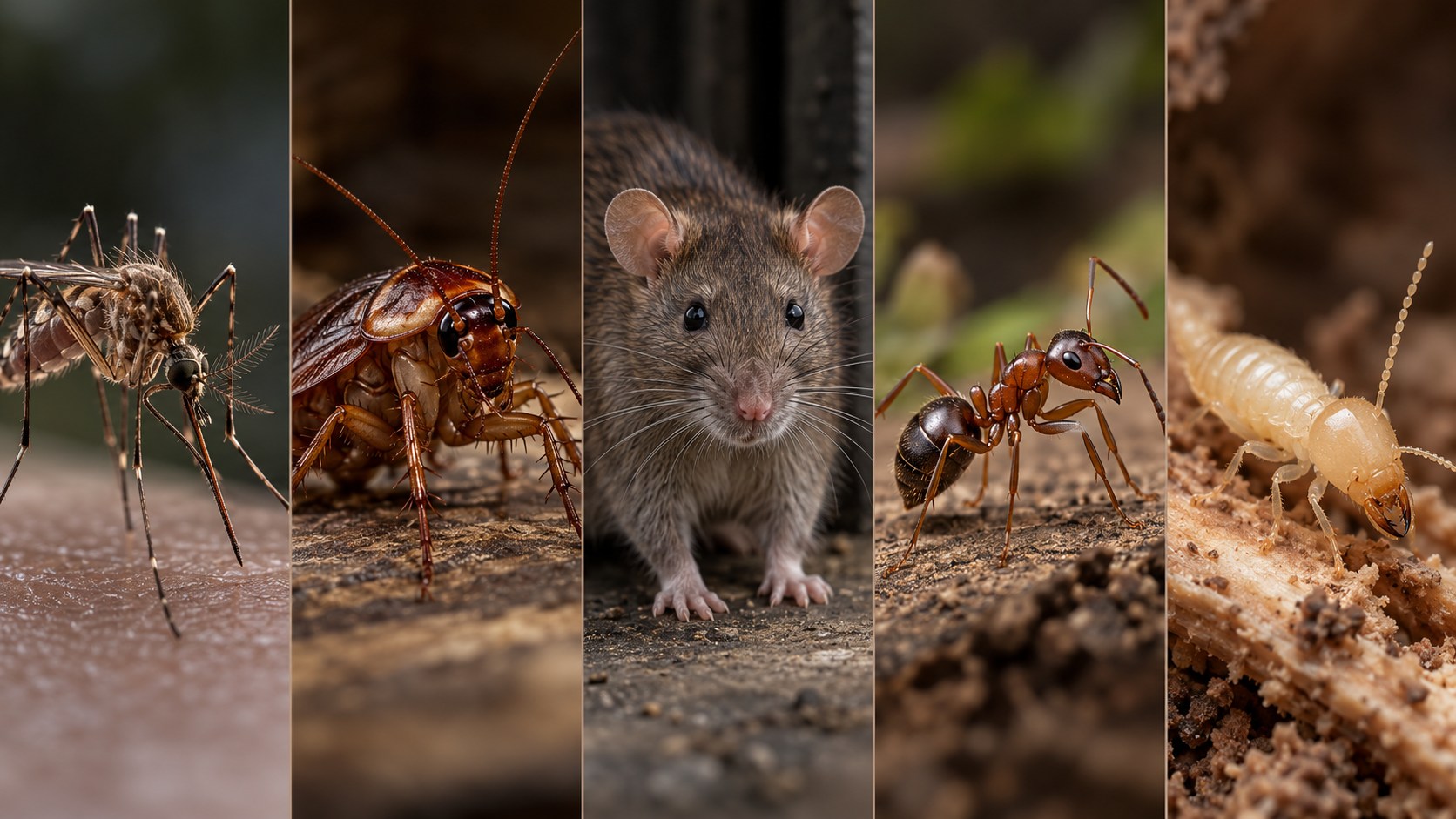 Zancudo, cucaracha, roedor, hormiga y termita