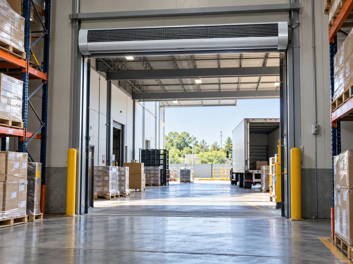 Cortina de aire instalada sobre un acceso de bodega y distribución