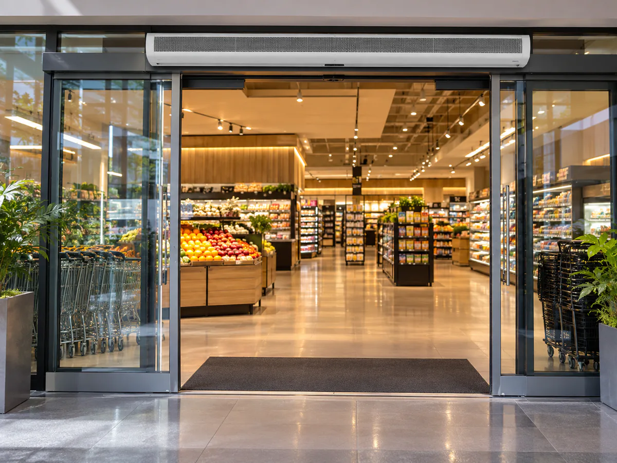 Cortina de aire instalada sobre la entrada de un supermercado
