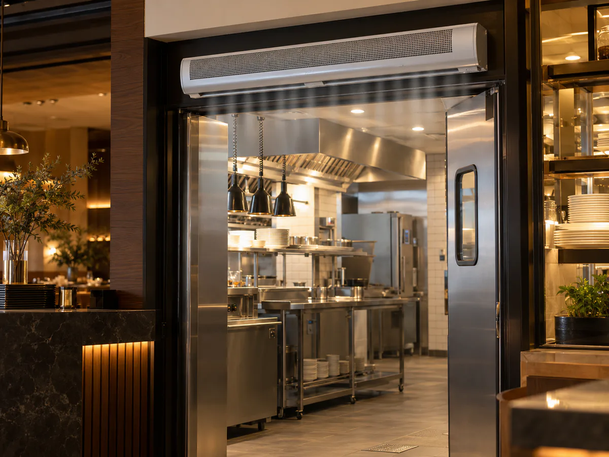 Cortina de aire instalada sobre el acceso de una cocina de restaurante