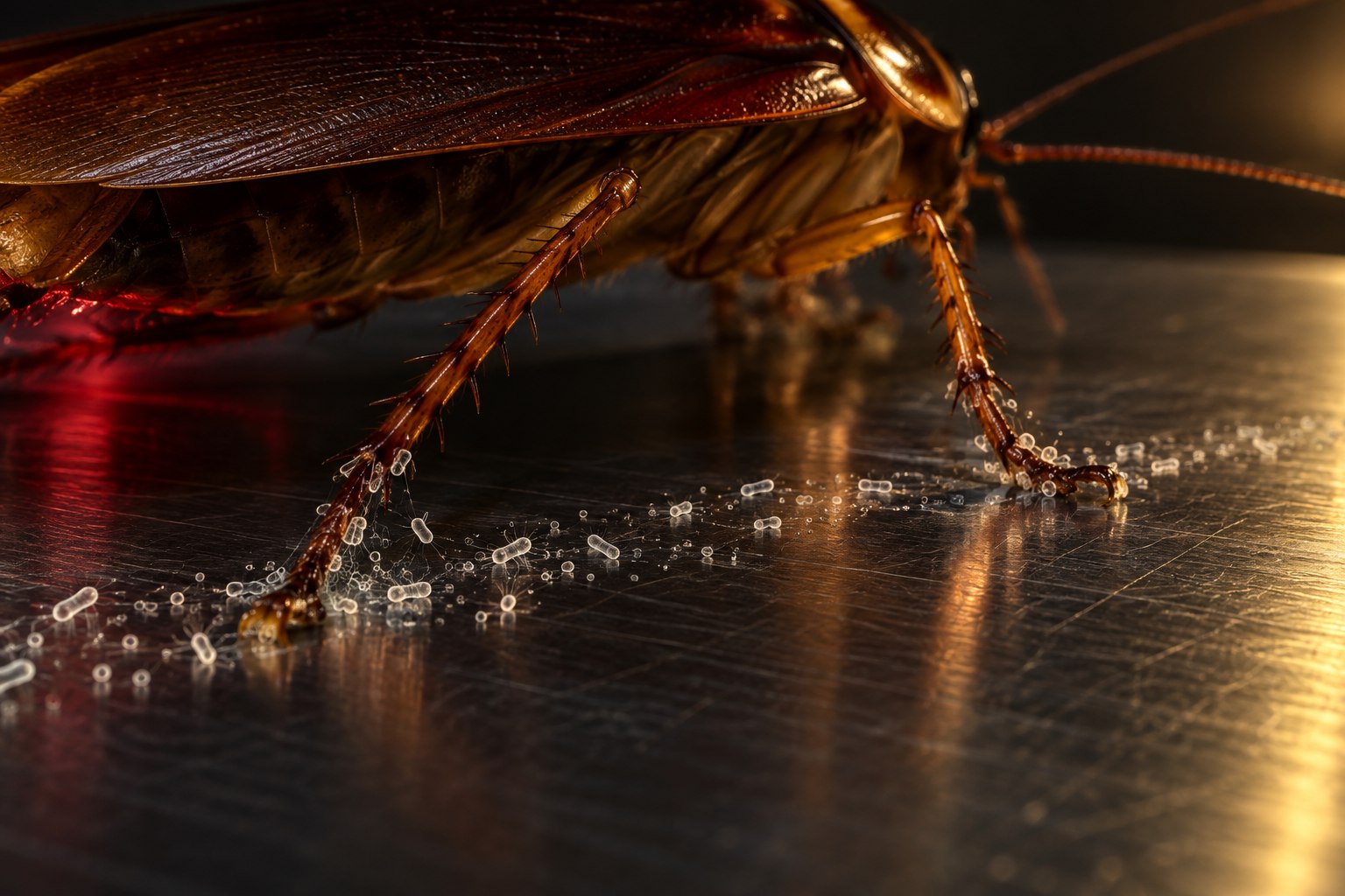 Cucaracha sobre una superficie con una representación conceptual de bacterias