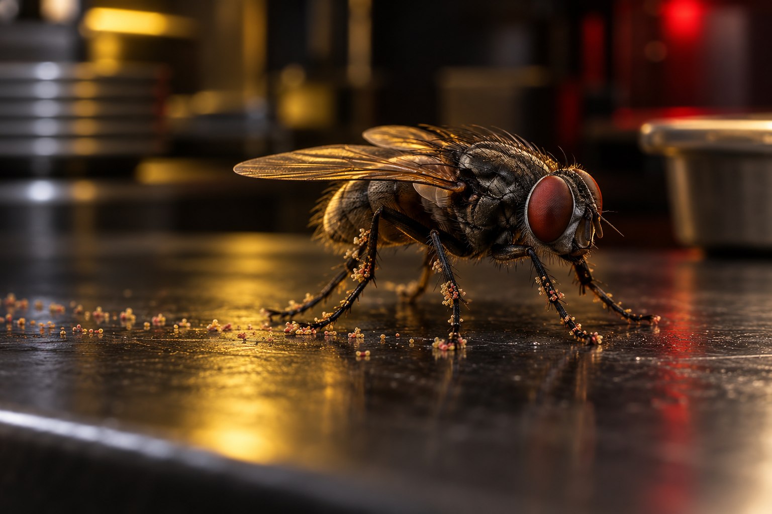 Mosca sobre una superficie con una representación conceptual de bacterias