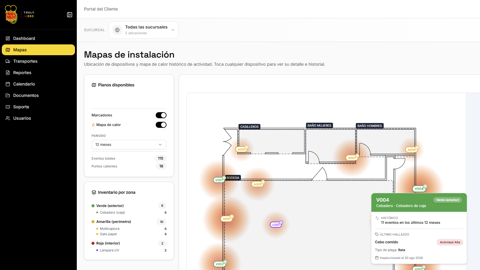 Vista de Truly IA360 con el mapa de dispositivos y actividad por zona