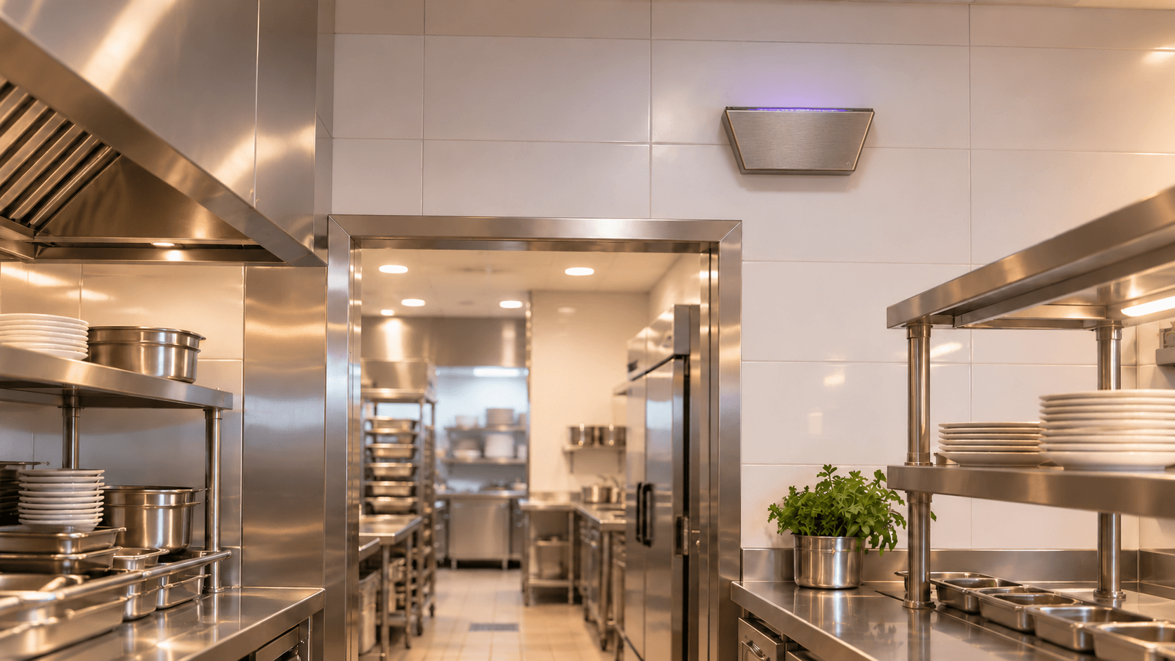 Lámpara ultravioleta TN Inox instalada en una cocina profesional