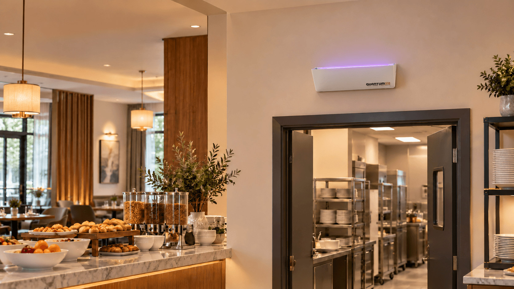 Lámpara ultravioleta TN Quantum instalada sobre el acceso de un área de servicio de hotel