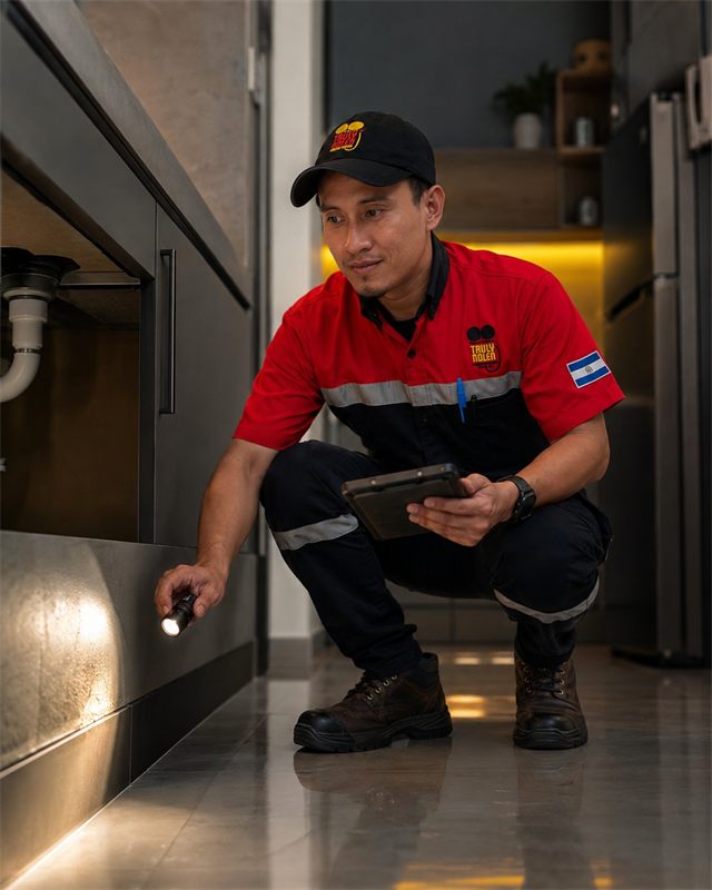 Técnico Truly Nolen realizando una inspección profesional
