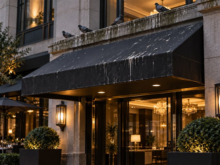 Entrada de un establecimiento afectada visualmente por palomas y manchas
