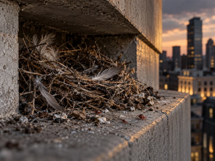 Nido de palomas con organismos secundarios sobre una cornisa