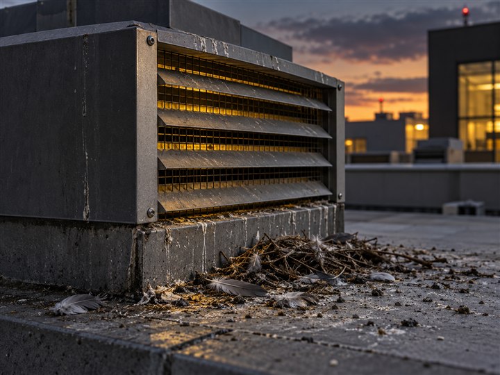 Residuos y material de nido próximos a un sistema de ventilación