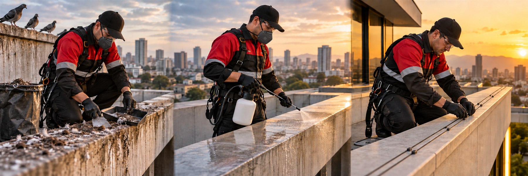 Tres etapas del servicio integral Truly Nolen: limpieza especializada, tratamiento enzimático e instalación de Pigeons Out