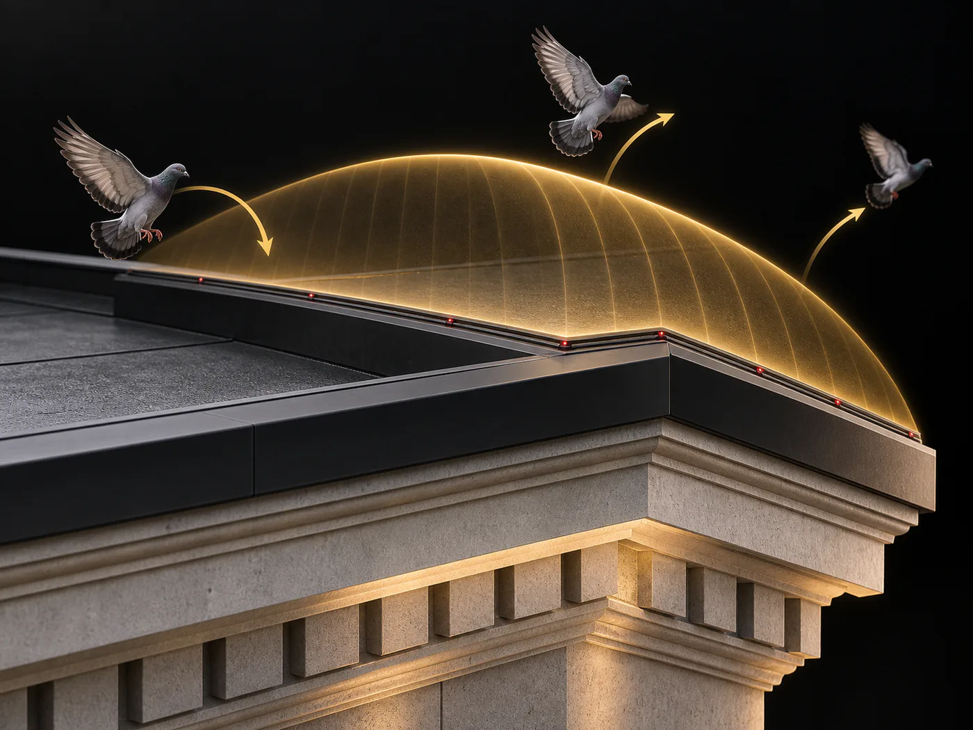 Visualización del arco protector Pigeons Out sobre una cornisa