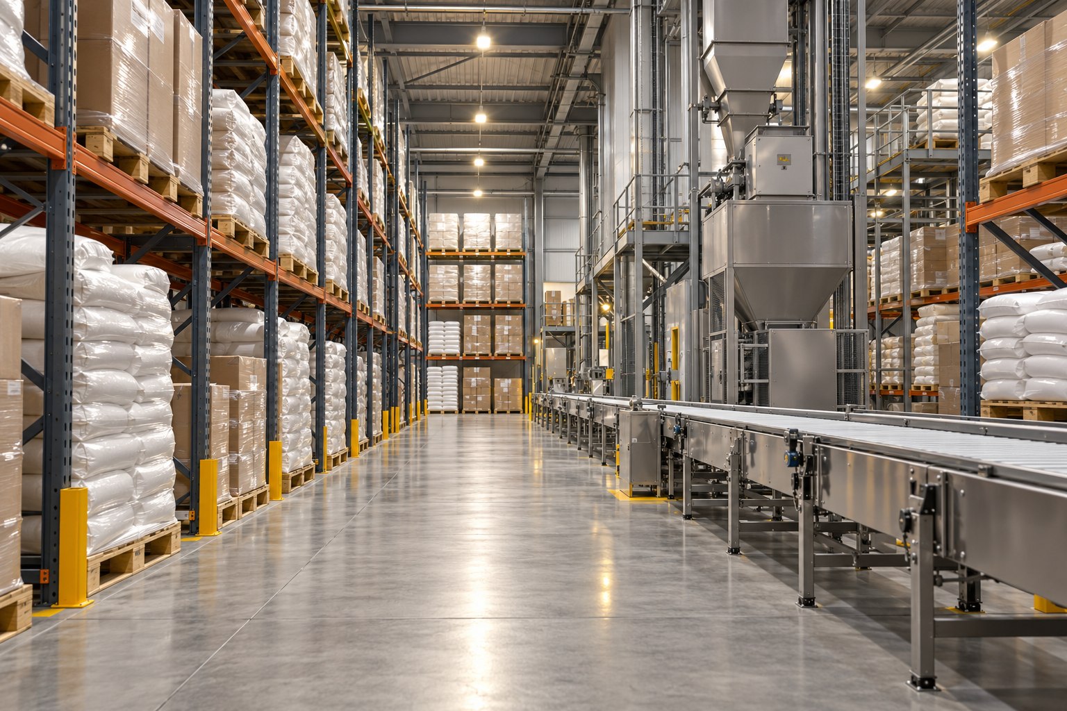 Zona de almacenamiento y transferencia con racks, materias primas y equipos industriales