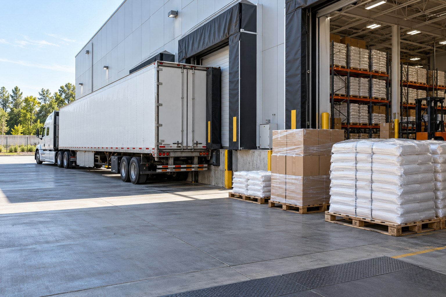 Zona de recepción y muelles de una operación industrial o comercial de alimentos secos