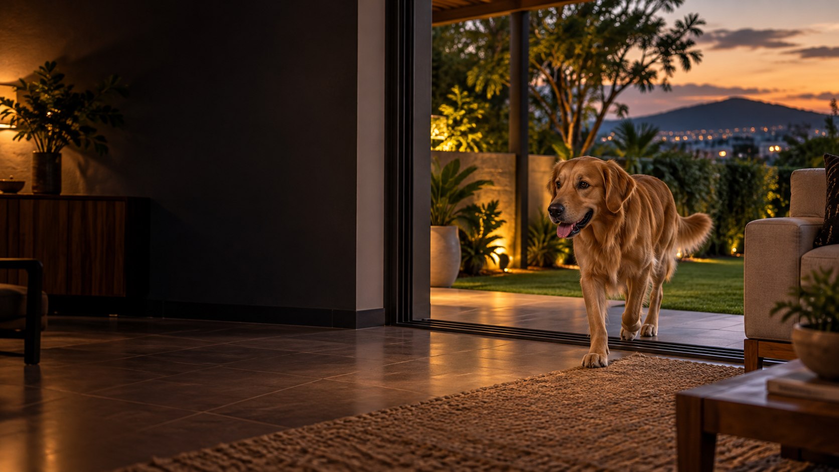 Perro entrando desde el jardín a una vivienda