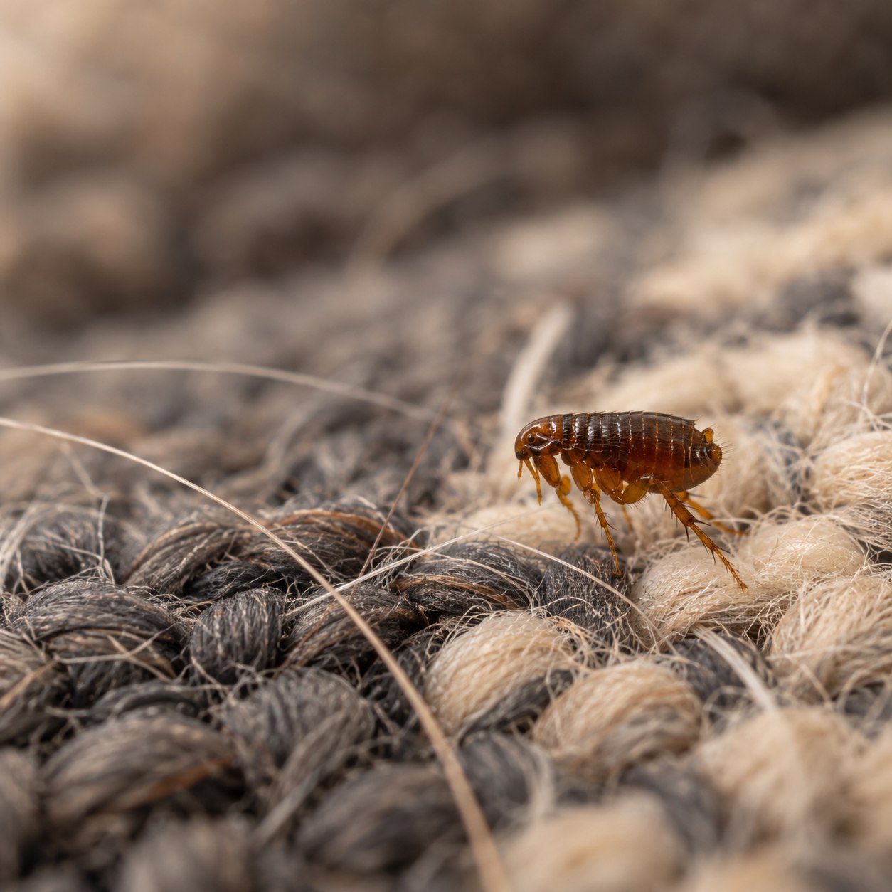 Pulga adulta entre las fibras de una cama para mascota