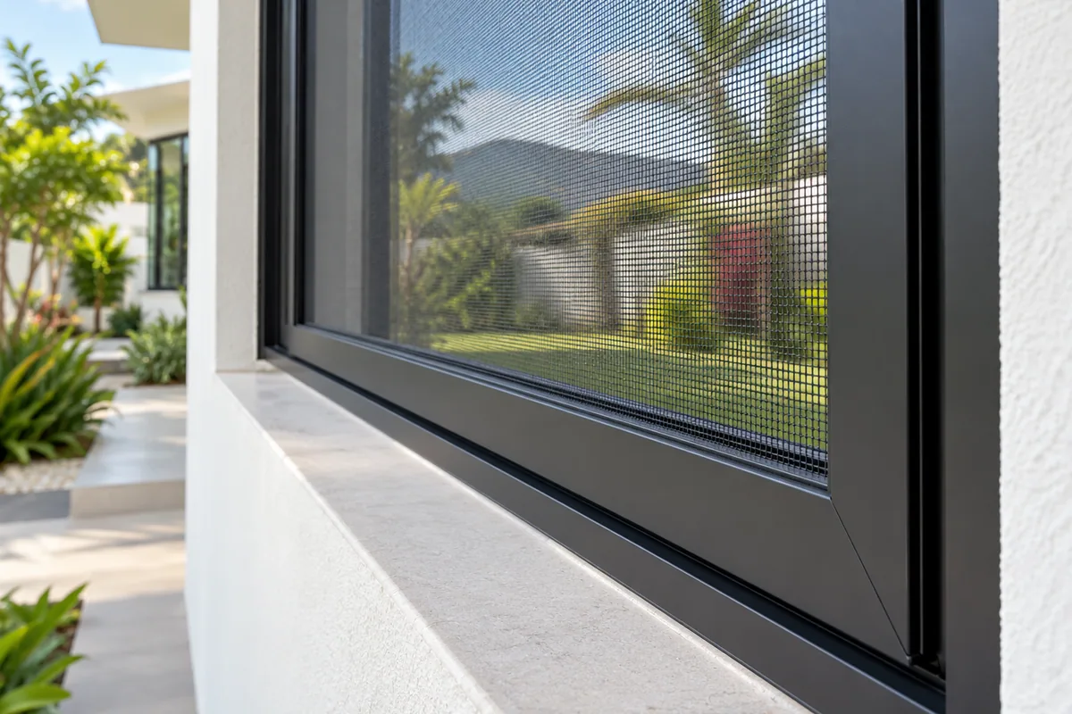 Detalle de una malla para ventana tensada dentro de un marco negro a la medida